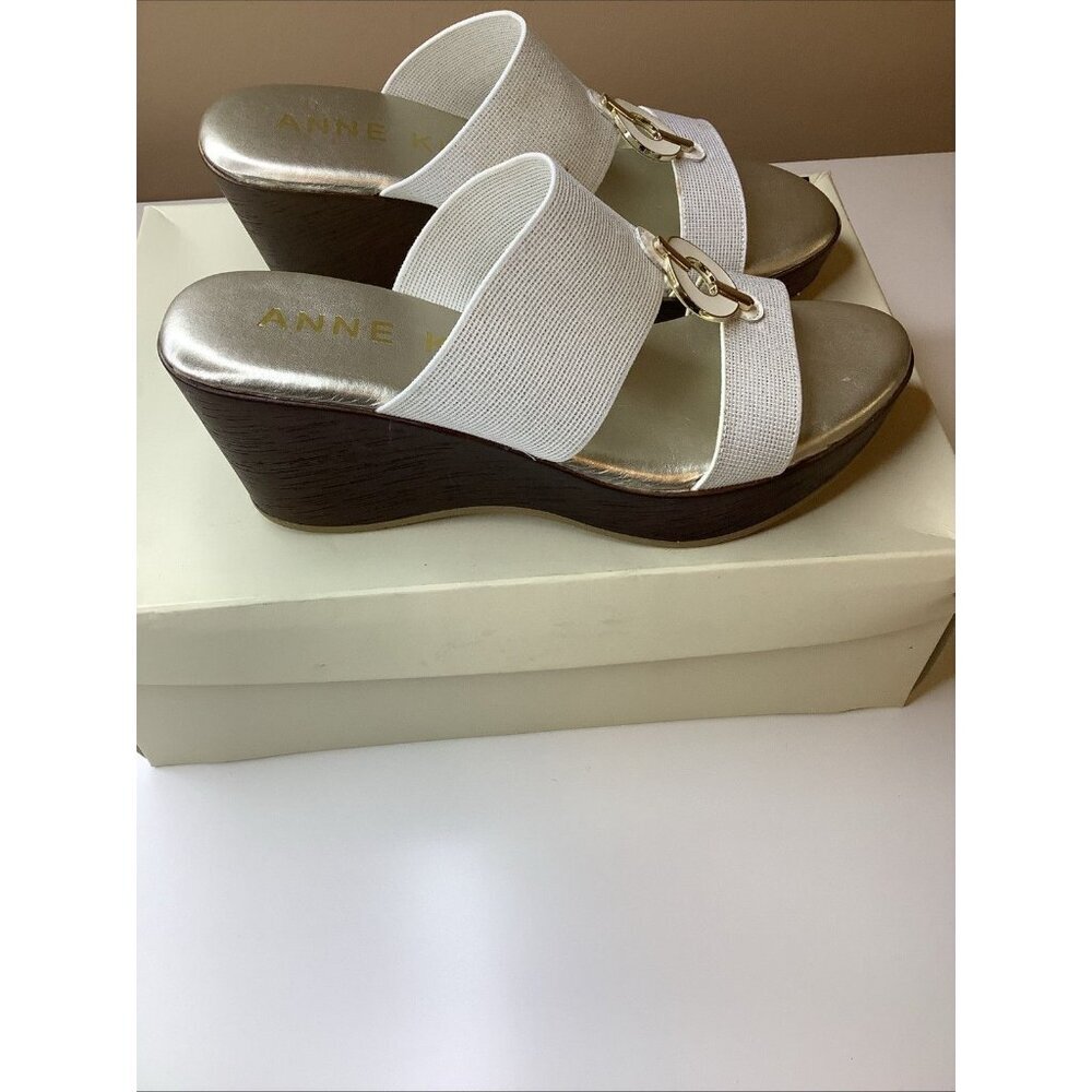 Anne Klein Size 6 Champagne Sparkly Stretch Band Slip On Wedge Sandal, Preloved - Picture 3 of 8